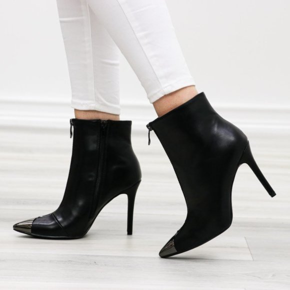 Pointy Toe Ankle Black Boots Faux Leather - Picture 9 of 14